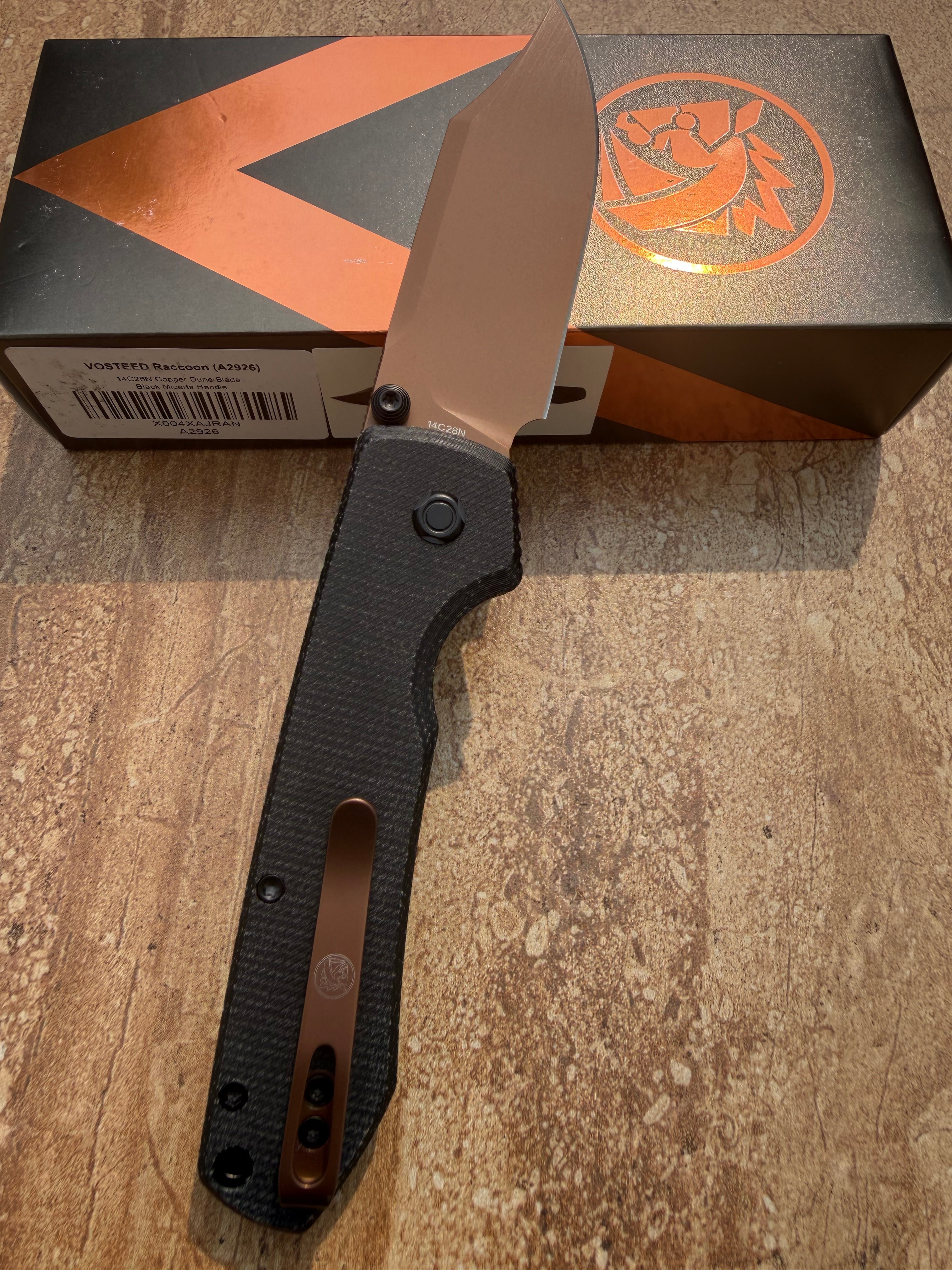 Vosteed Raccoon Bowie Top Button Lock Knife Black Micarta 3.25" Copper Dune