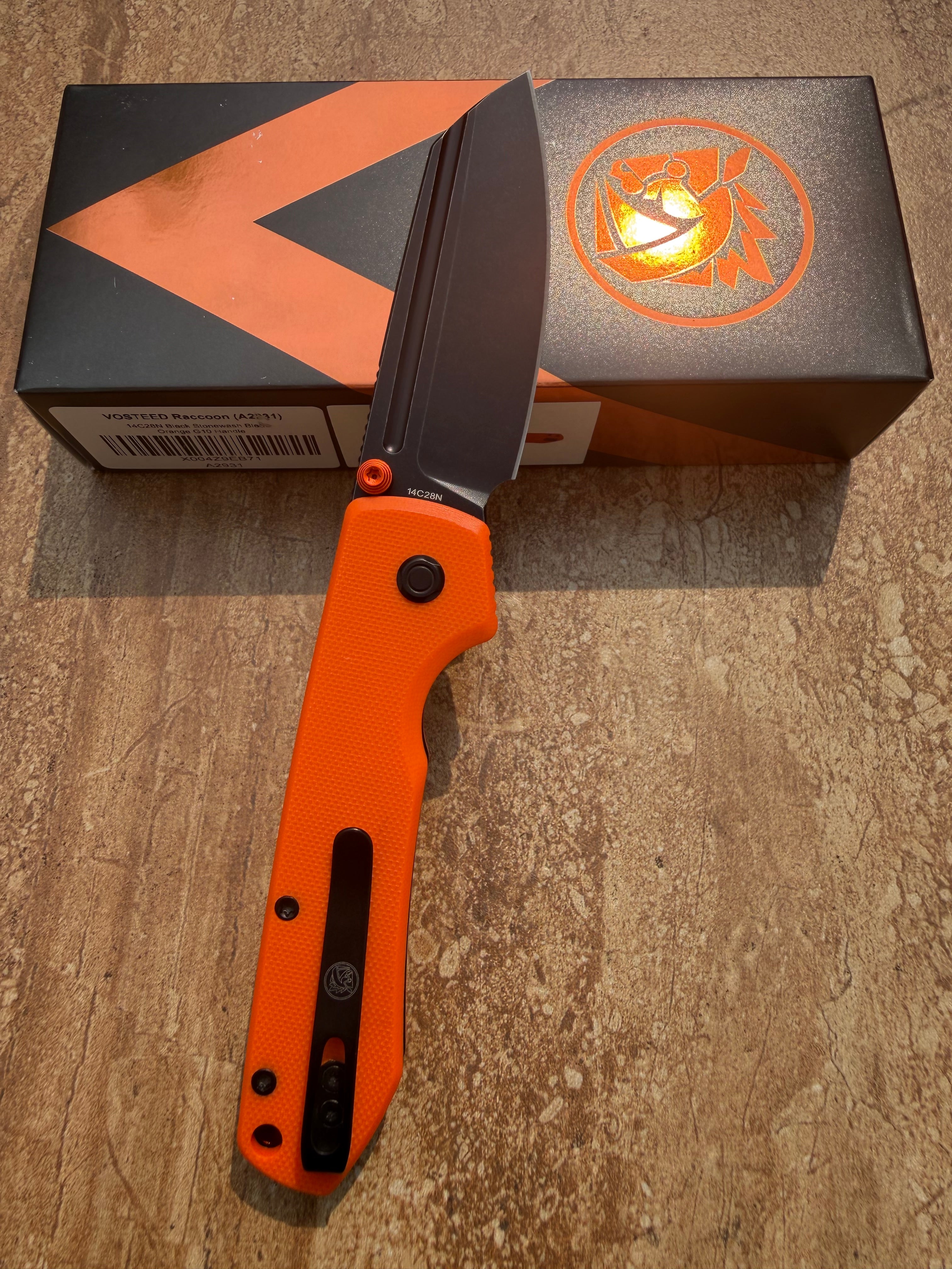Vosteed Raccoon 2.0 - Top Liner Lock 3.25" 14C28N Blade & Orange G10 Handle A2931