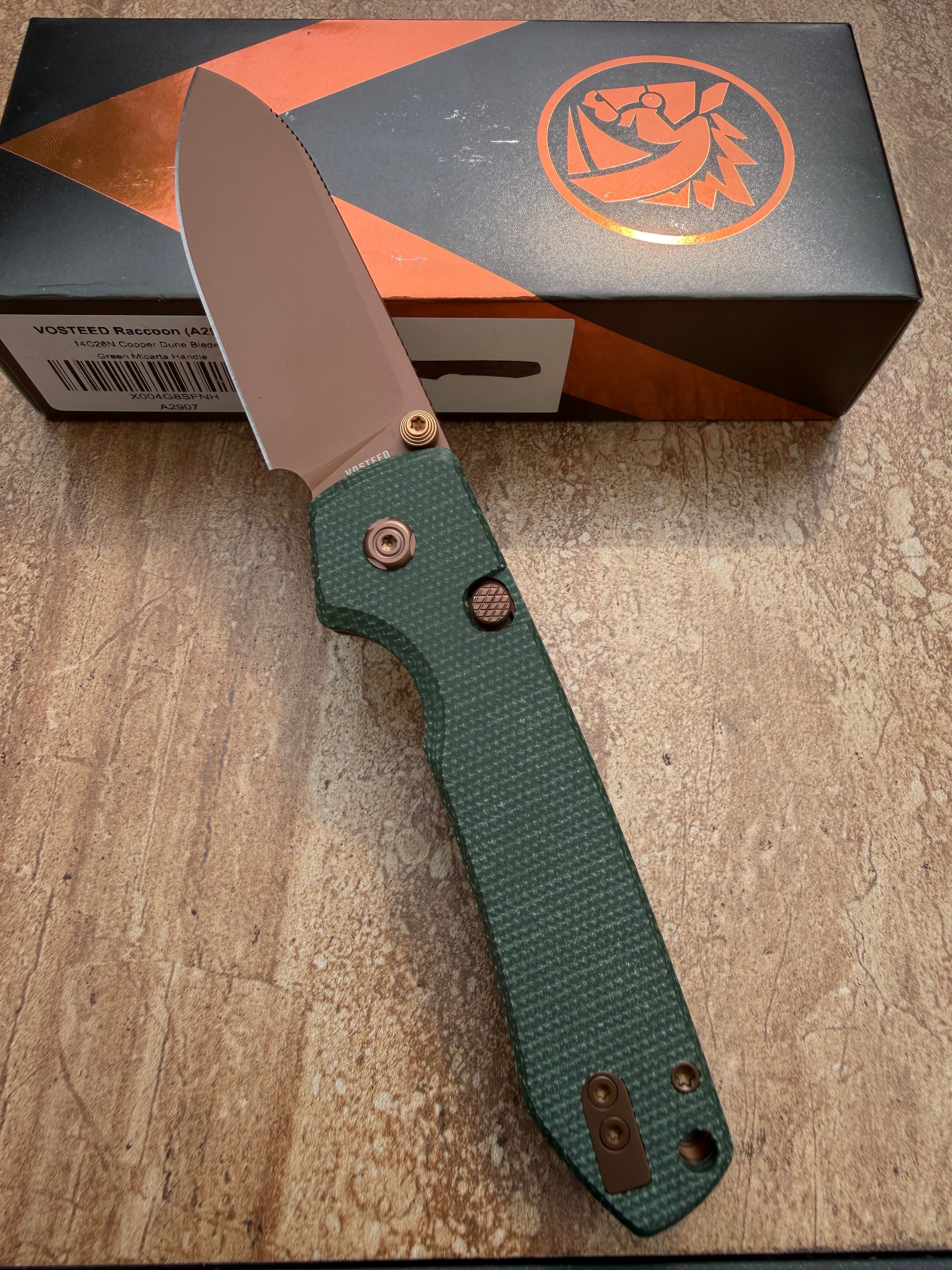 Vosteed Raccoon Top Button Lock Knife Green Micarta 3.25" Copper Dune A2907