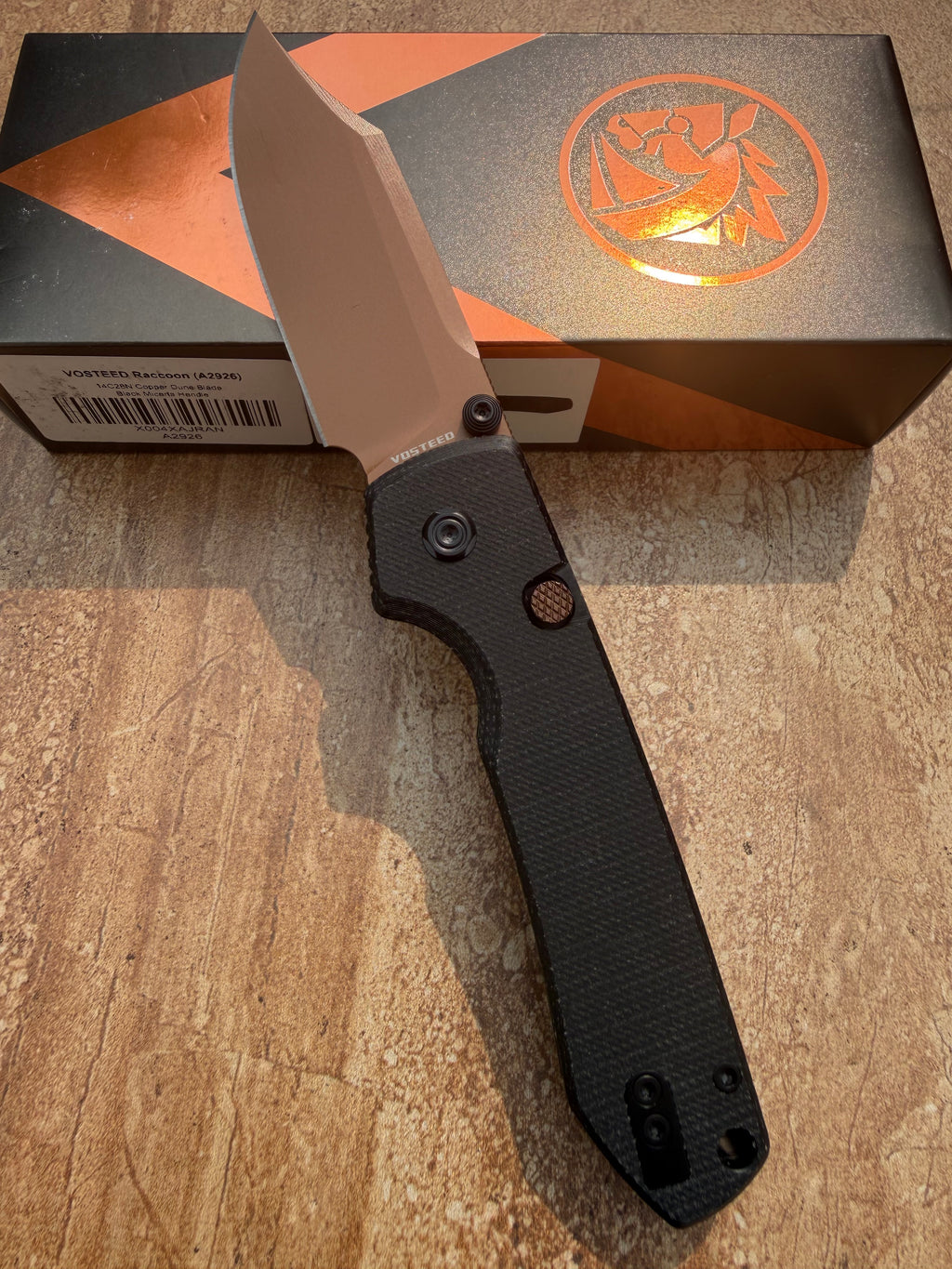 Vosteed Raccoon Bowie Top Button Lock Knife Black Micarta 3.25" Copper Dune