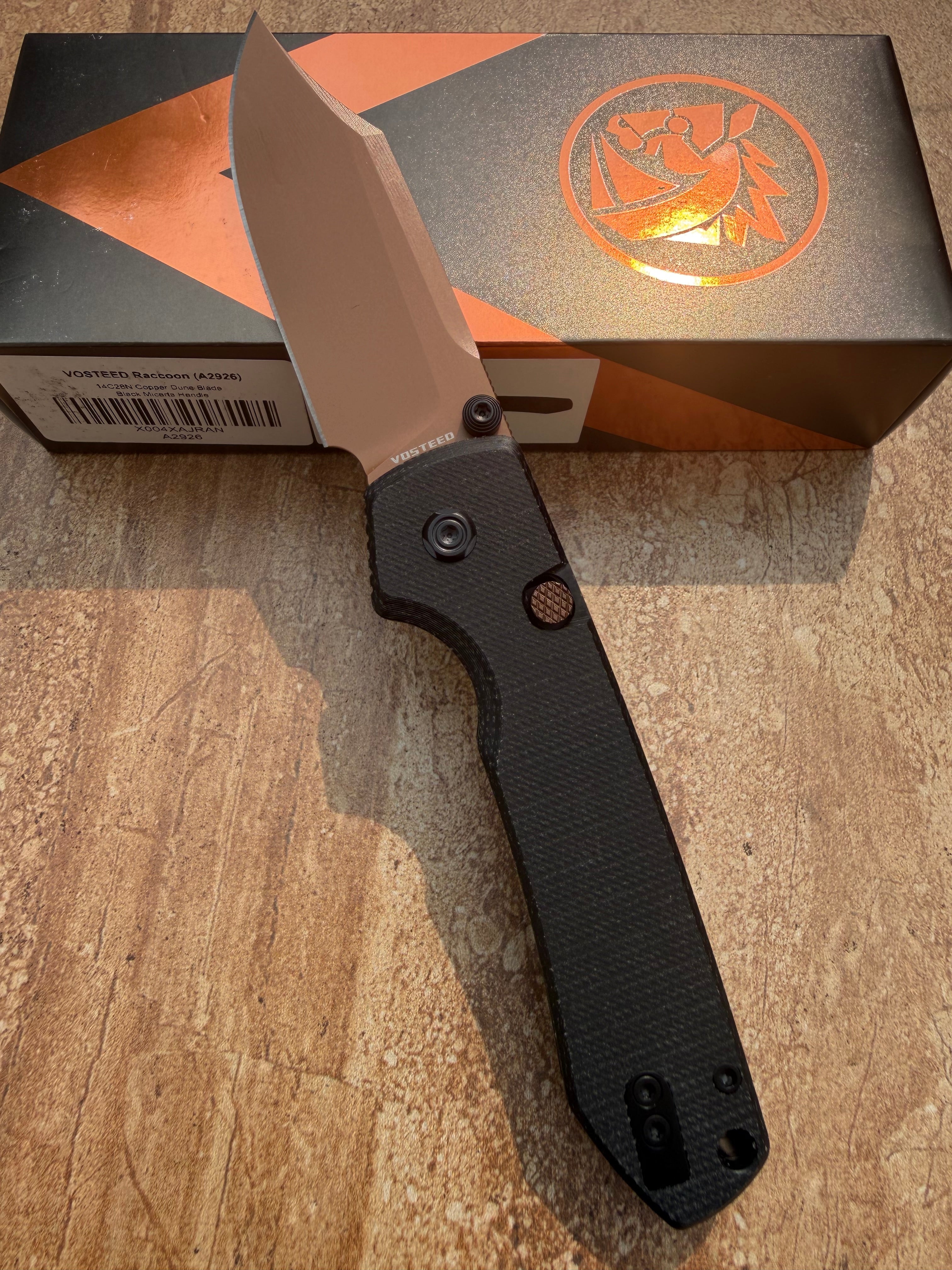 Vosteed Raccoon Bowie Top Button Lock Knife Black Micarta 3.25" Copper Dune