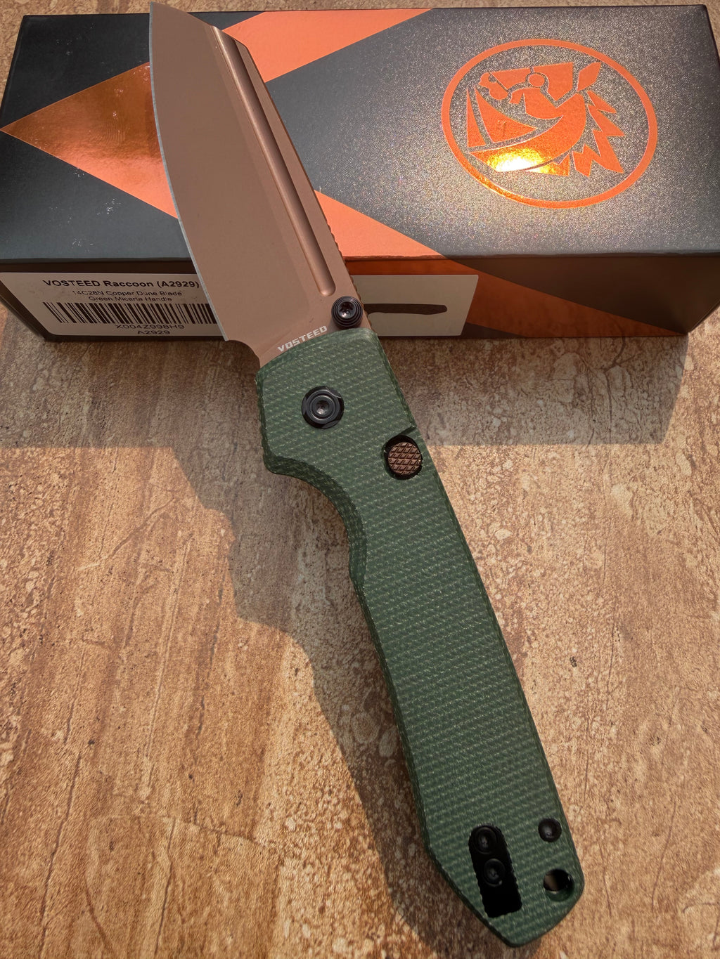 Vosteed Raccoon 2.0 Sheepsfoot Button Lock Knife Green Micarta (3.25" Copper)