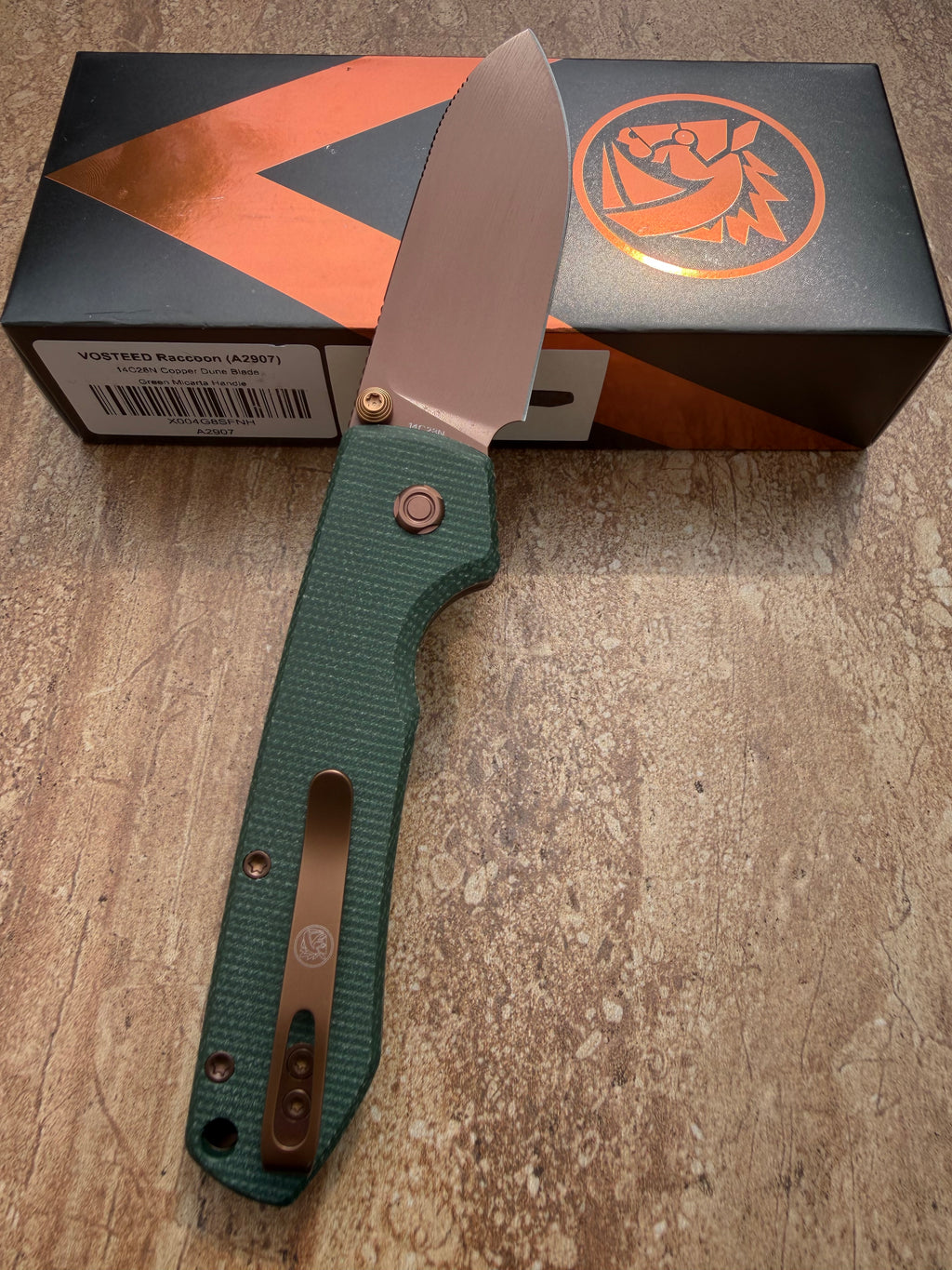 Vosteed Raccoon Top Button Lock Knife Green Micarta 3.25" Copper Dune A2907