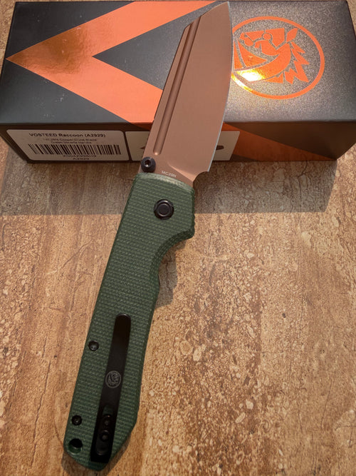 Vosteed Raccoon 2.0 Sheepsfoot Button Lock Knife Green Micarta (3.25" Copper)